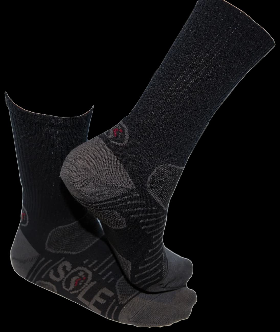 Cutout of Soleimpact crew socks at foot strike, gel insole at the heel