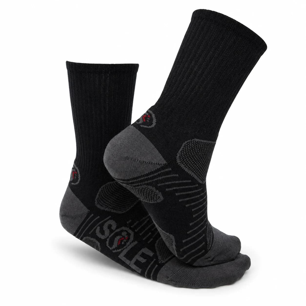 Pair of black Soleimpact crew performance socks on a white background