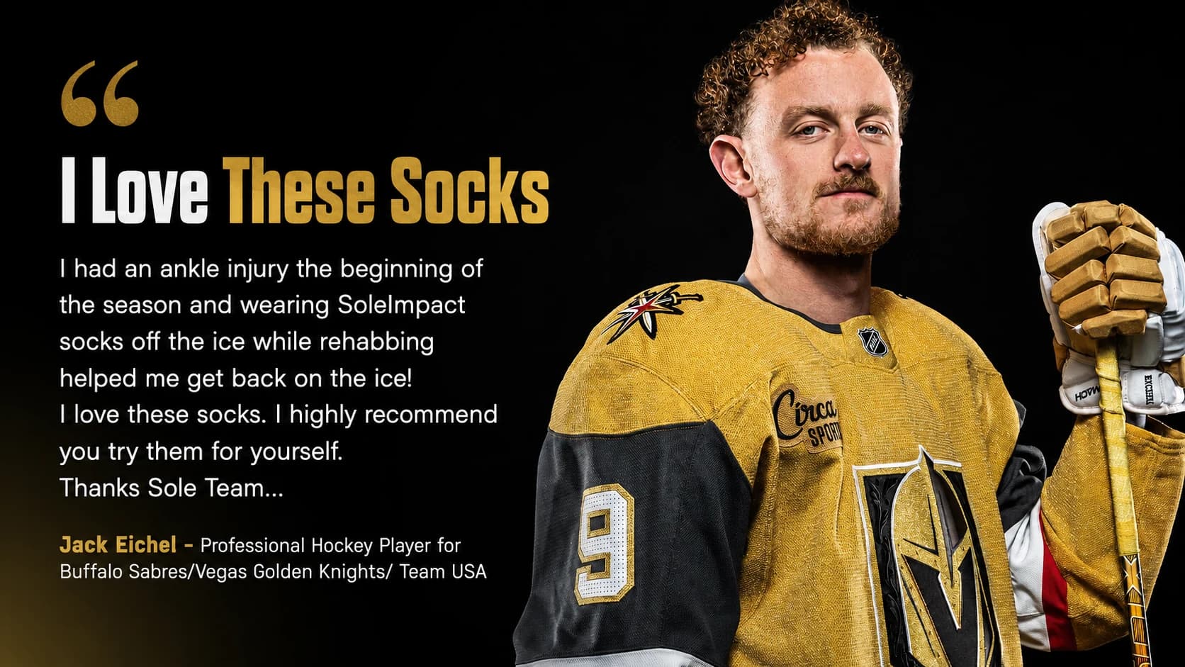 Jack Eichel hockey testimonial for Soleimpact performance socks