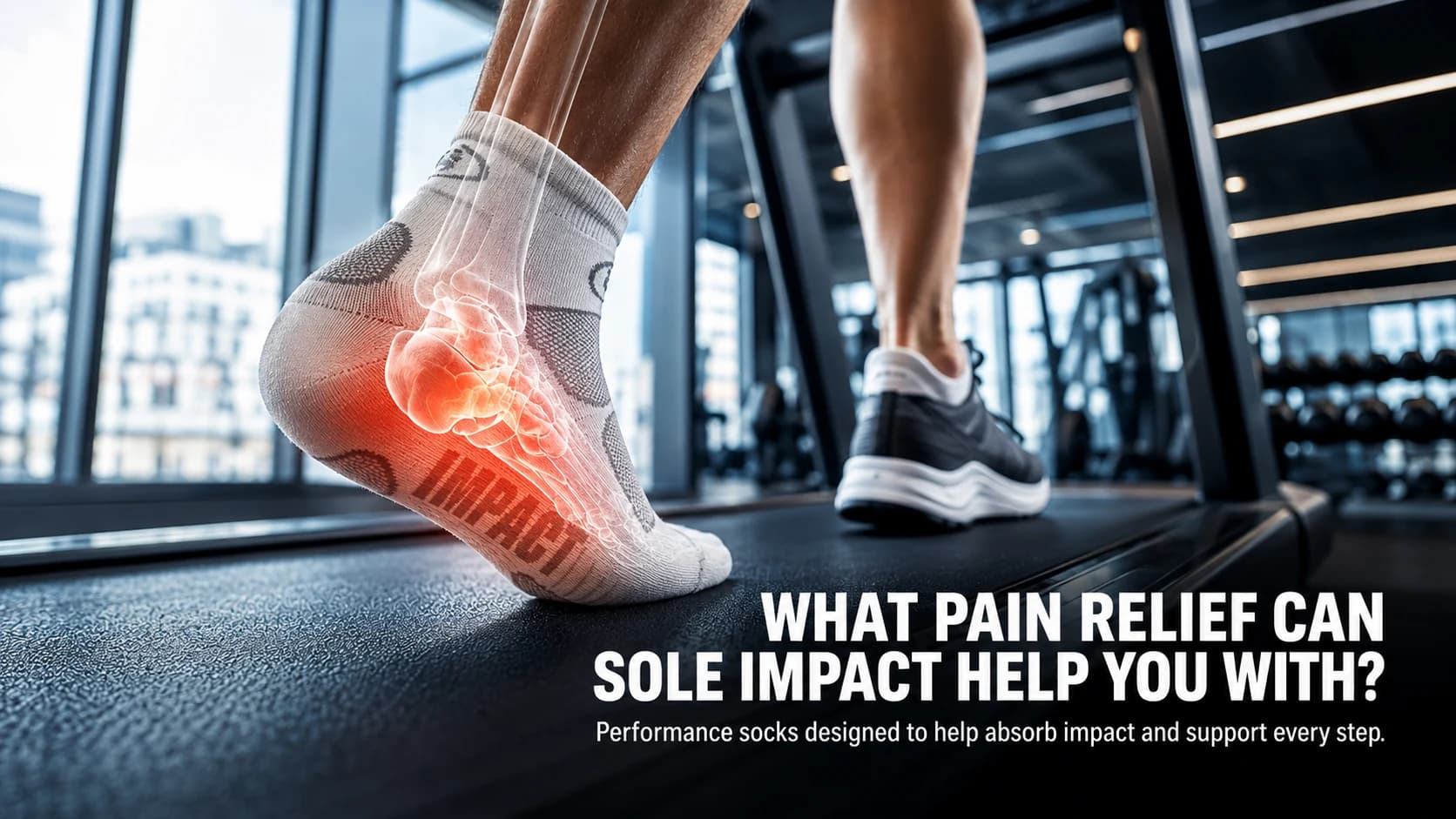 Close-up of Soleimpact performance socks on a treadmill with an ankle impact illustration